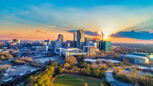 downtown raleigh, north carolina, usa drone skyline aerial.