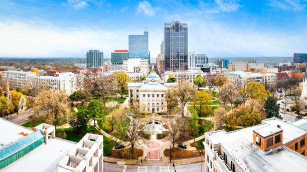 drone panorama of the north carolina state capitol and raleigh skyline
